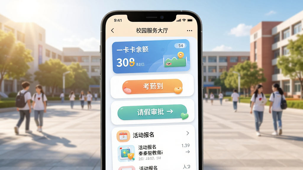 �����ǽ�У԰�ۺϷ����ܽ��棬����Ϊ�����ֻ���Ļ����Ļ����ʾУ԰�������ҳ�棬����һ��ͨ��Ƭ������ǩ����ť�����������ڡ�������б�������Ϊ��Ƭʽ�ٲ������Ű�������£����Ϊ�������·磬ϸ����ͼ����ƾ��¿ɰ�������Ϊ�������ĵ�У԰�㳡�����ʸ��壬����ɾ����޶���Ԫ��