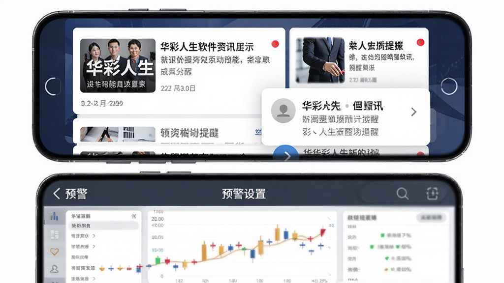 华彩人生软件资讯与提醒功能插图,主体为手机屏幕展示财经新闻列表与弹窗提醒,布局为上下结构,上方为新闻卡片,下方为预警设置界面,风格为简洁商务风,细节包含新闻缩略图与红点提醒标识,画质高清,画面干净,无多余元素。