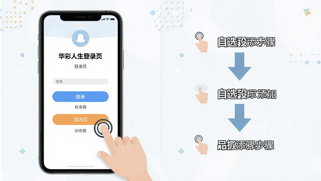 华彩人生软件操作指南示意图,主体为手机屏幕展示登录界面与自选股添加步骤,布局为左右分栏,左侧为登录页,右侧为步骤箭头引导,风格为扁平化教学风,细节包含手指点击图标与高亮按钮,画质清晰,画面干净,无多余元素。