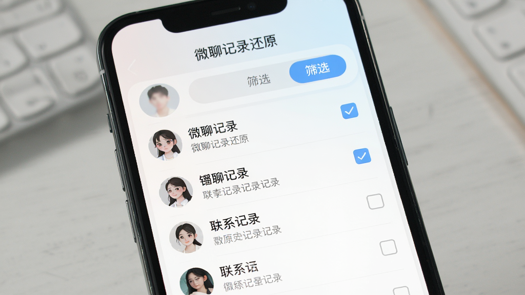 手机屏幕展示“微聊记录还原”的还原选择界面,列表中列出了不同联系人的聊天记录条目,每个条目旁有复选框,顶部有筛选按钮,界面风格清爽,色彩柔和,画质干净,无多余装饰。