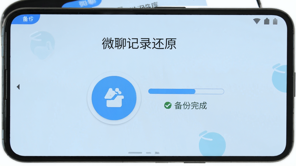 一部安卓手机屏幕显示“微聊记录还原”的一键备份界面,界面中央有一个醒目的圆形备份按钮,旁边有进度条和“备份完成”的提示文字,背景为淡蓝色渐变,风格简洁明快,画质清晰,干净无杂物。