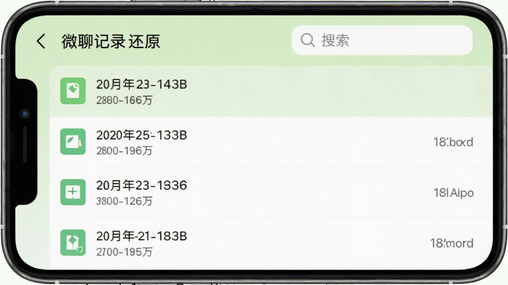 手机屏幕显示“微聊记录还原”的备份管理界面,列表中展示多个备份文件,每个文件有日期和大小信息,顶部有搜索框,背景为浅绿色,风格清新自然,画质干净,无多余元素。