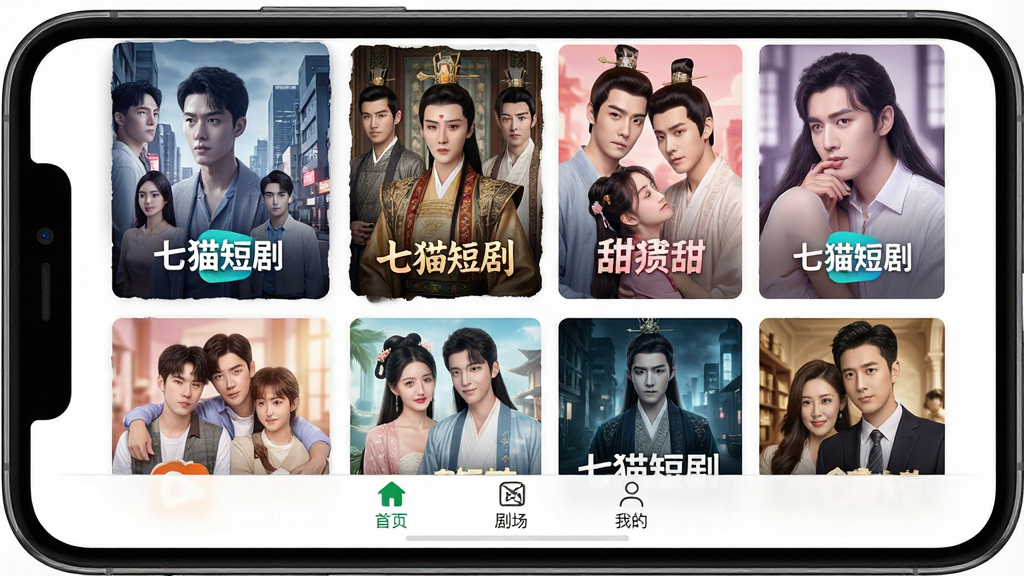 一张展示七猫短剧APP界面的手机样机图,画面中央是色彩鲜艳的短剧封面墙,包含都市、古装、甜宠等不同风格剧集海报,底部有首页、剧场、我的等导航栏,整体布局清晰,风格现代简约,画质高清,干净无多余元素,带有“七猫短剧”文字标识