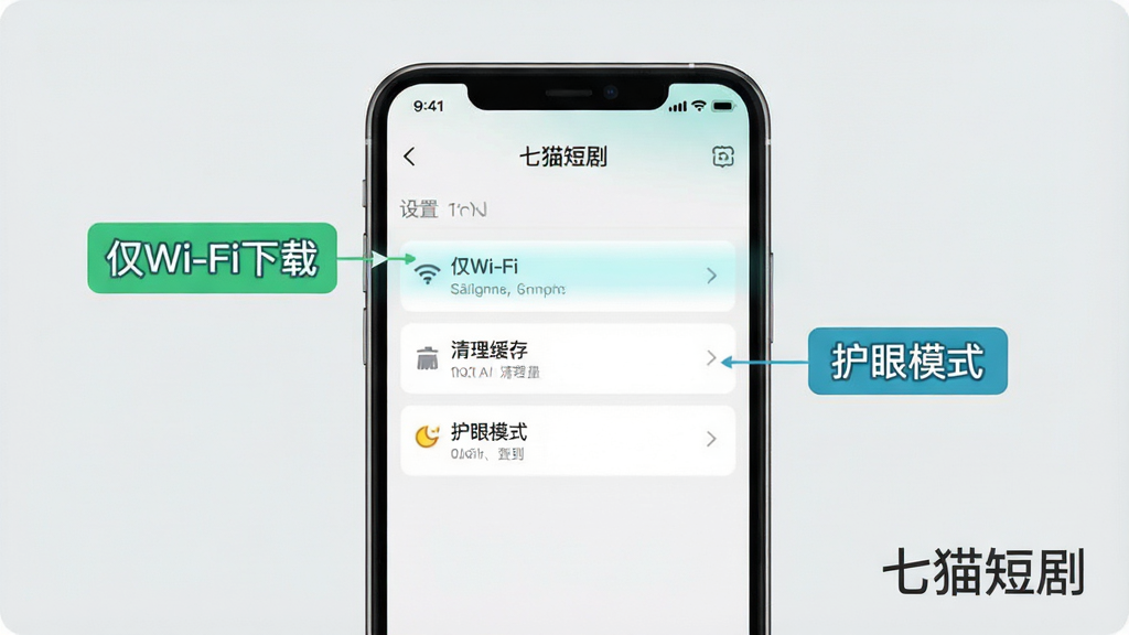 一张七猫短剧移动端使用技巧示意图,画面是手机屏幕展示设置界面,高亮标注“仅Wi-Fi下载”、“清理缓存”、“护眼模式”等选项,背景为浅灰色,风格简洁,画质清晰,干净无多余元素,带有“七猫短剧”文字