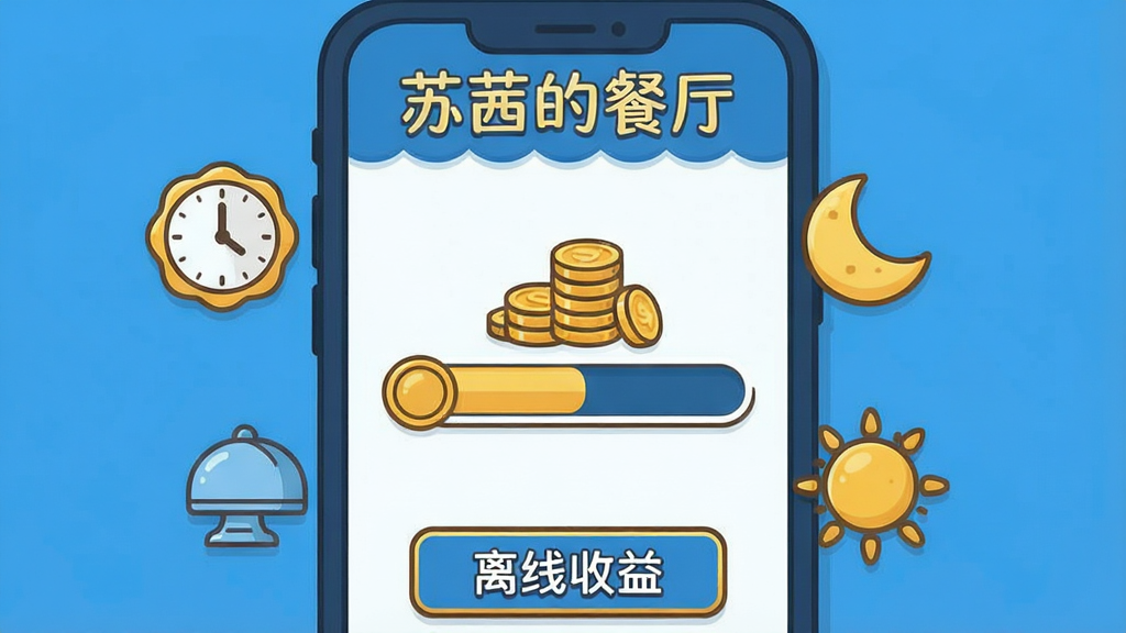画面展示一个卡通风格的手机屏幕界面,屏幕中央是一个餐厅经营进度条与金币堆叠的图标,周围环绕着时钟、月亮与太阳的符号,象征离线与在线收益。屏幕上方写着“苏茜的餐厅”字样,下方有“离线收益”提示框。整体采用扁平化UI插画风格,配色以蓝色与金色为主,画质干净简洁,无多余装饰。