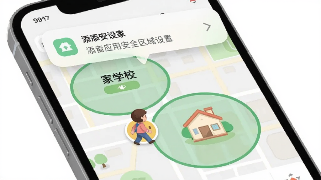 画面展示添安应用的安全区域设置界面,地图上用绿色圆圈标注出学校和家的范围,一个卡通风格的小人图标正从圆圈边缘经过,手机屏幕上方弹出提醒通知气泡,整体风格扁平化,色彩柔和,画质细致,干净无杂物