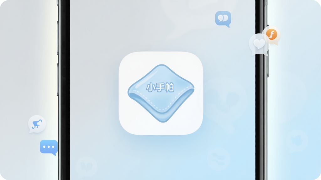 一张干净明亮的手机屏幕展示界面,屏幕中央是“小手帕”应用图标,图标为一块折叠的浅蓝色手帕造型,背景是柔和的浅灰到淡蓝渐变,手机周围有轻微的光晕和社交聊天的小图标点缀,整体风格简洁清新,排版居中,画质清晰,无多余元素