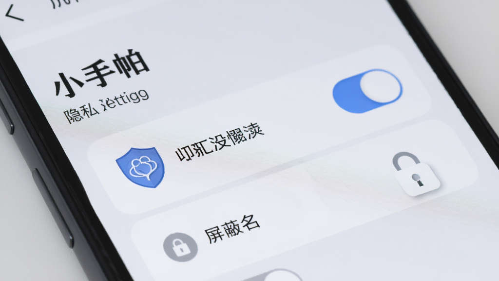 手机屏幕特写,显示“小手帕”隐私设置页面,页面中有权限开关和屏蔽名单选项,旁边有盾牌和锁的图标作为装饰,背景为浅灰色,风格简约商务,画质清晰,无多余元素