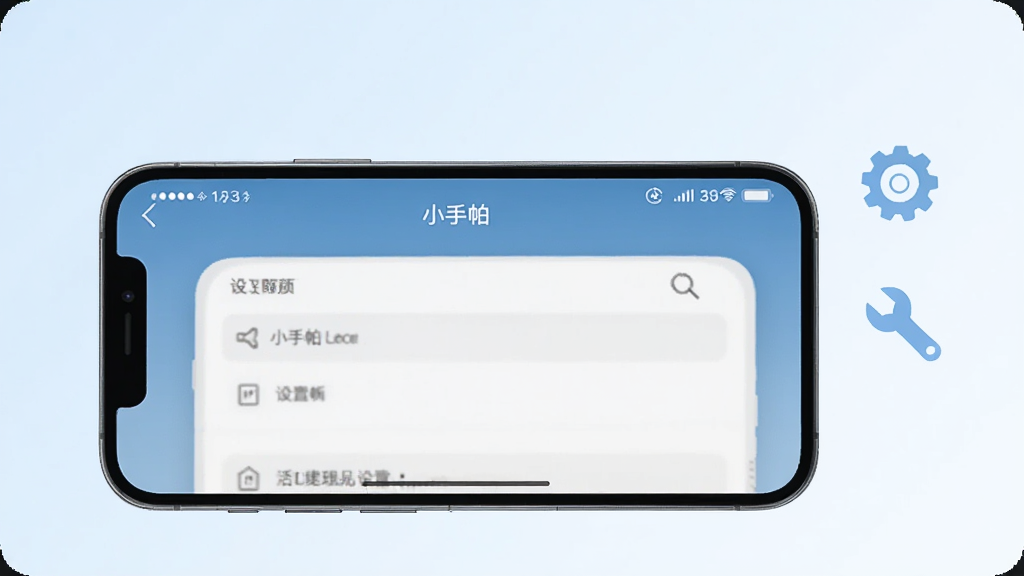 一部手机横屏展示“小手帕”设置界面,旁边有齿轮和扳手图标,背景为浅蓝色渐变,风格清爽素雅,画质干净,无多余元素
