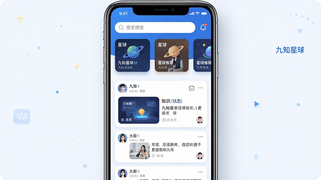 一张展示九知星球APP核心界面的精美预览图,画面中央是一部智能手机,屏幕上显示着九知星球APP的主页,主页顶部有搜索栏和星球推荐卡片,下方是瀑布流形式的知识动态列表,包含图文卡片和用户头像,整体布局简洁清晰,采用扁平化设计风格,色彩以科技蓝和白色为主调,细节处有柔和的阴影和圆角处理,画质高清,画面干净无多余元素,图片中带有文字“九知星球”