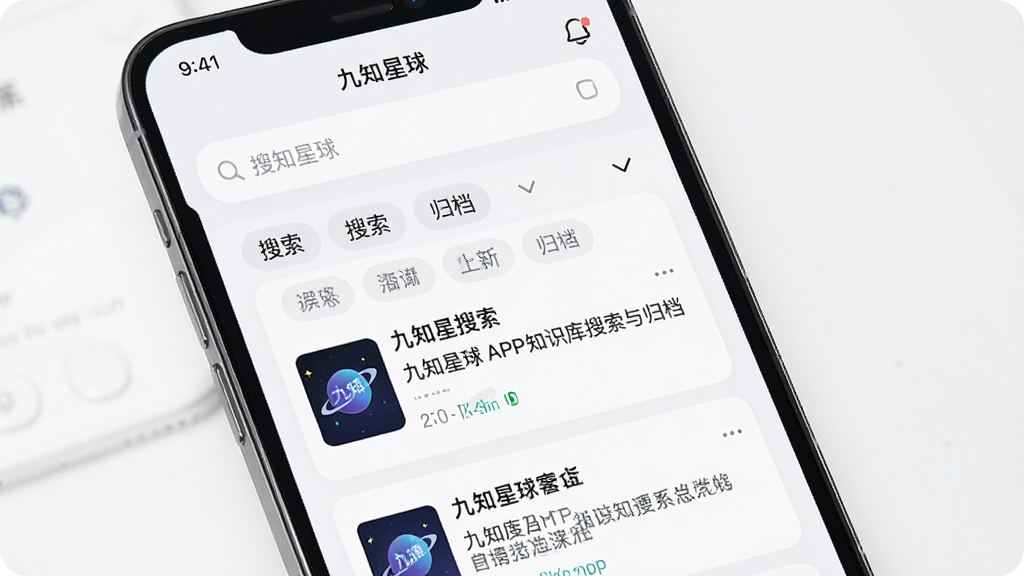 一张展示九知星球APP内知识库搜索与归档界面的生图,画面主体是手机屏幕,显示搜索结果列表和标签分类,界面风格清爽,采用浅色背景和卡片式布局,细节包括搜索框、筛选标签和内容摘要,画质高清,画面干净,图片中带有文字“九知星球”