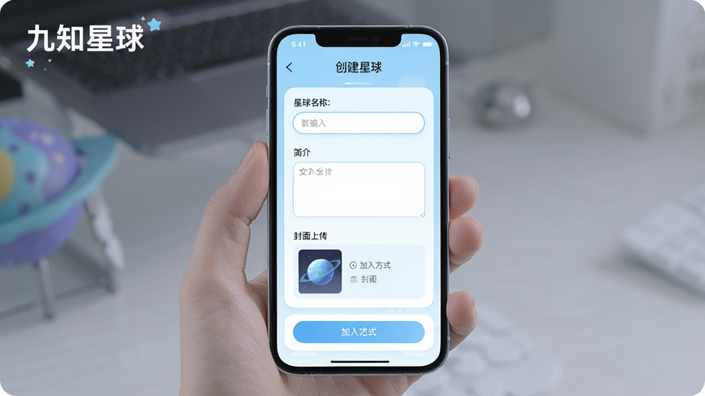 一张展示九知星球APP内“创建星球”功能页面的生图,画面主体是一部手机,屏幕显示创建星球的表单界面,包含星球名称输入框、简介文本框、封面上传区域以及加入方式选择按钮,界面布局清晰,采用圆角卡片式设计,风格简约现代,色彩以浅蓝色和白色为主,细节精致,画质高清,画面干净,图片中带有文字“九知星球”