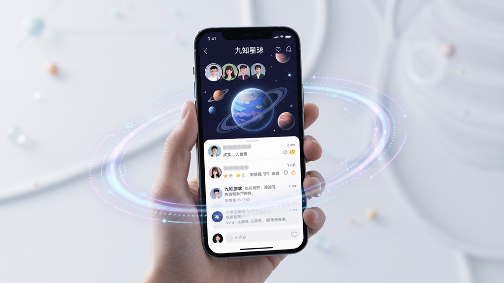 一张展示九知星球APP在手机上稳定运行的示意图,画面主体是一部手持智能手机,屏幕显示九知星球APP的星球内容页面,页面内有成员头像、评论互动区域,手机周围有柔和的科技感光效,背景简洁,风格现代,画质高清,画面干净,图片中带有文字“九知星球”