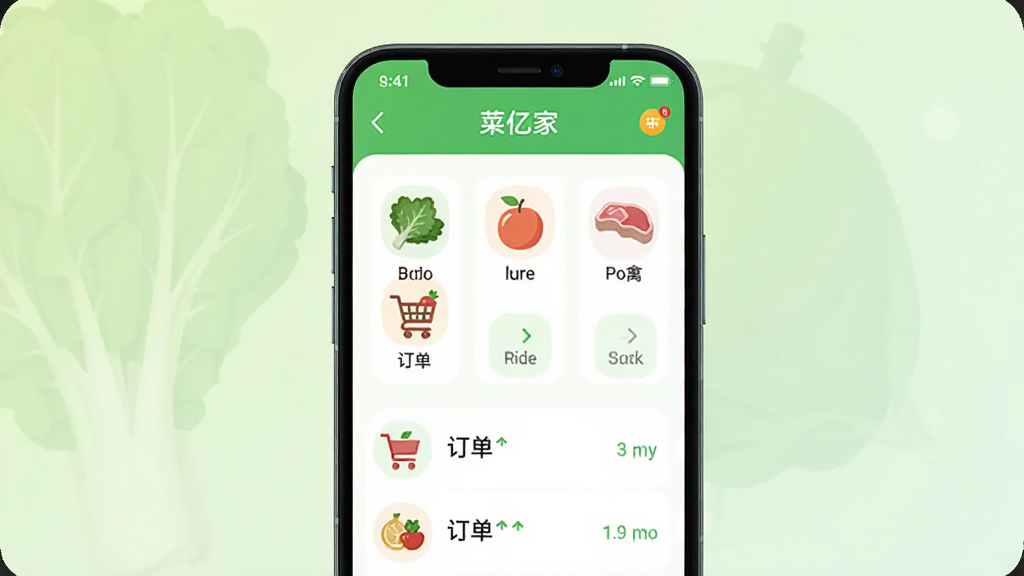 主体为一部智能手机,屏幕显示菜亿家应用界面,界面包含蔬菜、水果、肉禽等分类图标;布局采用居中构图,背景为浅绿色渐变;排版简洁,突出手机屏幕内容;风格为扁平化UI插画;细节包括新鲜的蔬菜图标、购物车图标、订单列表;画质高清,干净,无多余元素