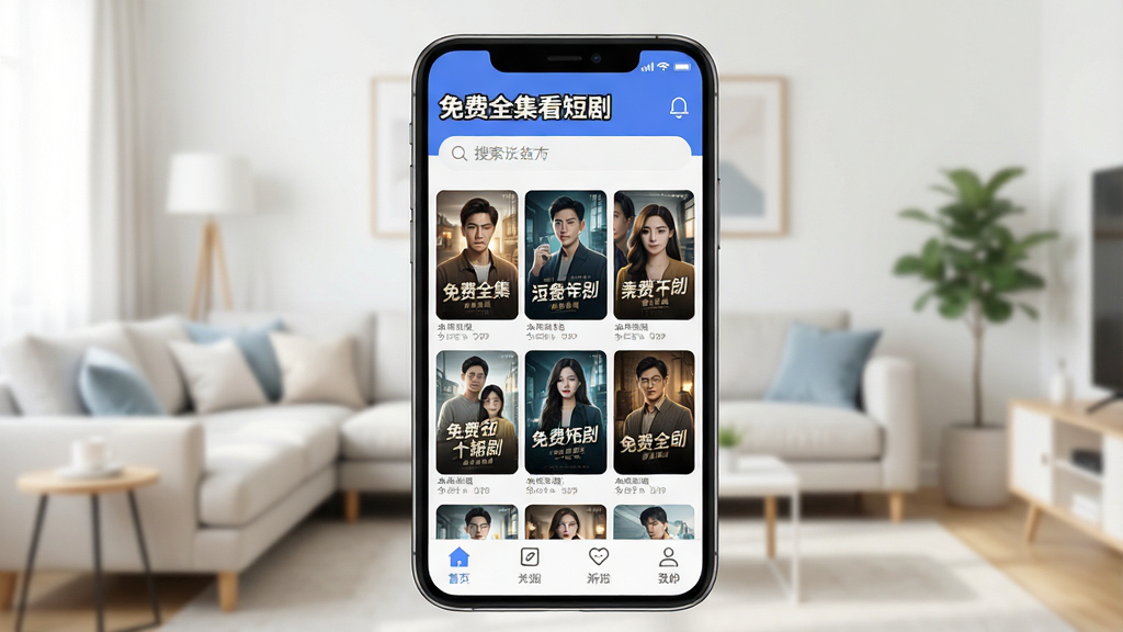 一张展示手机屏幕的图片,屏幕中显示“免费全集看短剧”APP的首页界面,顶部有搜索栏,中间是网格排列的短剧海报,底部有导航栏,背景为明亮的客厅环境,主体为手机,布局居中,排版简洁,风格现代科技感,细节包括海报上的剧名文字,画质高清,干净,无多余元素
