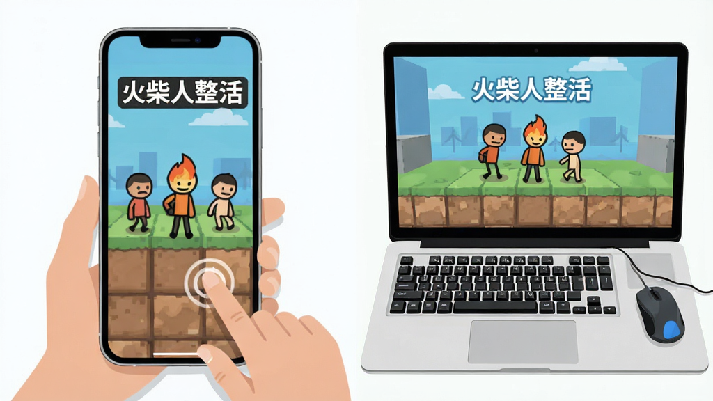 一部智能手机屏幕上显示火柴人整活游戏画面,旁边有一台笔记本电脑同样运行该游戏,布局为左右对比展示,风格为科技感扁平插画,细节展示移动端触控操作与电脑端键盘操作的差异,画质清晰,画面干净,图片中写有“火柴人整活”文字。