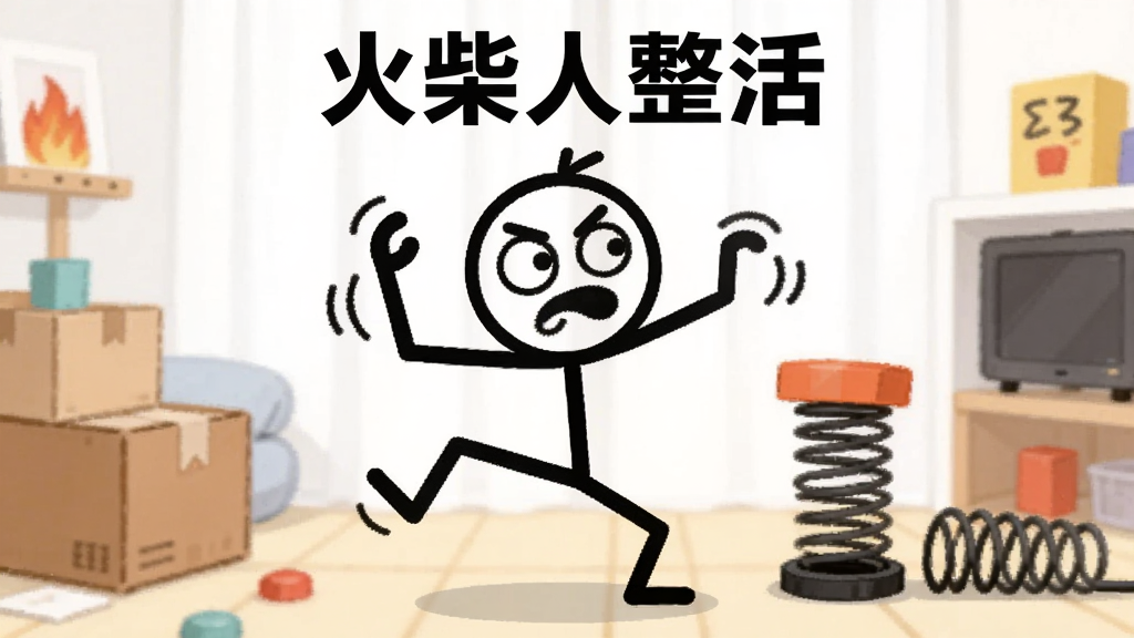 画面中央是一个黑白线条风格的火柴人角色,背景是明亮的室内场景与各种互动道具,布局采用中心构图,火柴人正在做出夸张的整活动作,周围散落着箱子和弹簧等元素,风格为卡通扁平化,细节上火柴人表情滑稽、肢体语言丰富,画质清晰干净,无多余元素,图片上方写有“火柴人整活”字样。