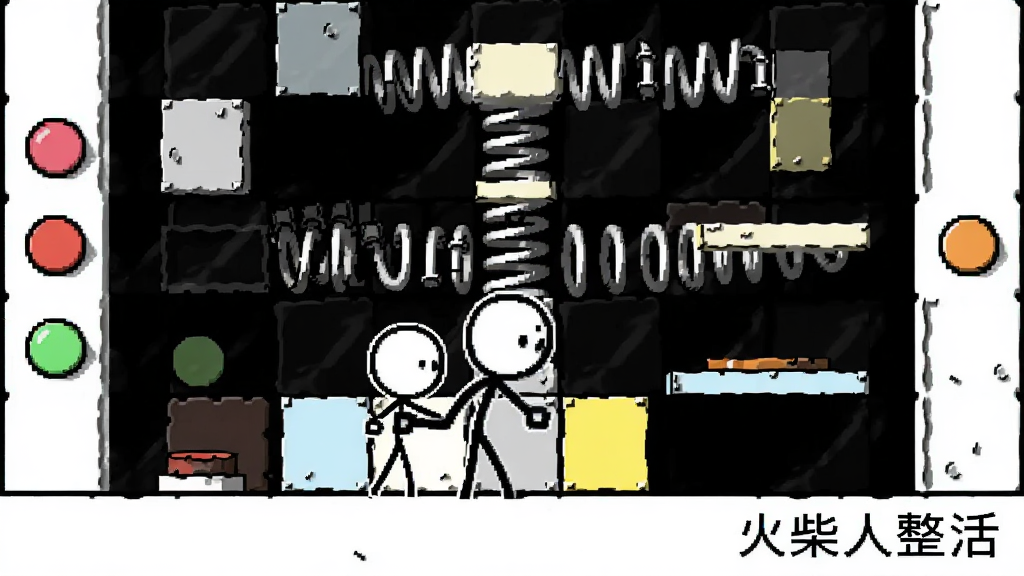 一个火柴人站在由方块和弹簧组成的复杂机关前,周围有多个可交互按钮和移动平台,布局为横向卷轴视角,风格为简约黑白线条配合彩色高亮元素,细节展示火柴人准备触发机关的瞬间,画质清晰,画面干净,图片中标注“火柴人整活”文字。