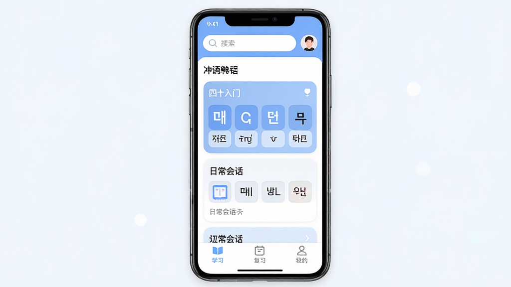 一张展示冲鸭韩语App主界面的手机样机图,画面中央是一部竖屏智能手机,屏幕内显示冲鸭韩语应用首页,顶部有搜索栏和用户头像,中部是韩语课程卡片列表包含四十音入门和日常会话分类,底部导航栏有学习、复习、我的等图标,整体布局清晰有序,风格为清新明快的扁平化UI设计,细节包括柔和的蓝白配色、圆角卡片和简洁图标,画质高清,画面干净,无多余元素
