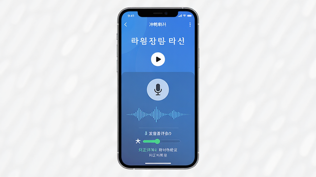 一张展示冲鸭韩语跟读打分功能的手机界面图,画面中央是一部智能手机,屏幕内显示韩语跟读练习页面,上方是韩语例句和播放按钮,中间是麦克风图标和声波波形,下方显示发音评分和纠正建议,风格为现代简约的科技感UI,细节包括蓝色渐变背景和清晰的文字反馈,画质高清,画面干净,无多余元素