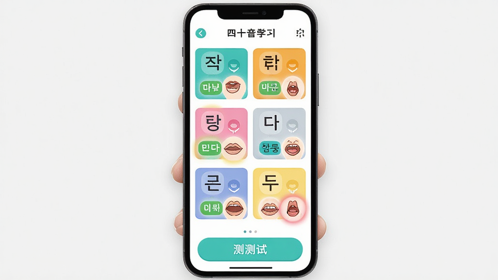 一张展示冲鸭韩语四十音学习模块的手机界面图,画面中央是一部智能手机,屏幕内显示韩语四十音字母表,每个字母配有发音按钮和口型示意图,部分字母有高亮标记,页面底部有测试按钮,风格为教育类App的清爽排版,细节包括白色背景和彩色字母卡片,画质高清,画面干净,无多余元素