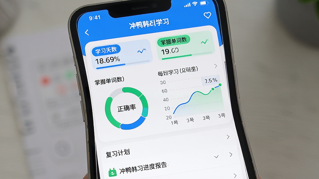 一张展示冲鸭韩语学习进度报告页面的手机截图,画面中央是一部智能手机,屏幕内显示学习数据仪表盘,包含学习天数、掌握单词数、正确率环形图和每日学习曲线,页面底部有复习计划列表,风格为现代数据可视化风格,细节包括蓝色和绿色图表配色,画质高清,画面干净,无多余元素
