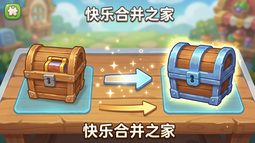 画面主体是一个明亮的合成操作台,台面上左右各放置一个相同的小木箱,中间用箭头和闪光连接,右侧展示合成后出现的高级宝箱,布局采用横向排列,左侧是低阶物品,右侧是高阶物品,风格为卡通休闲游戏界面,细节包含木纹桌面、闪光粒子、箭头引导线和柔和的背景虚化,画质高清,干净,无多余元素。图中需出现文字“快乐合并之家”。