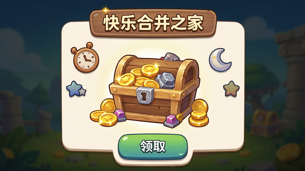 画面主体是一个卡通风格的离线收益弹窗界面,中央显示一个装满金币和材料的宝箱,宝箱周围环绕着时钟、月亮和星星图标,布局采用居中对称,排版将宝箱放在画面中心,上方是标题区域,下方是领取按钮,风格为休闲手游弹窗界面,细节包含金币光泽、木质宝箱纹理、柔和光晕和圆角按钮,画质高清,干净,无多余元素。图中需出现文字“快乐合并之家”。