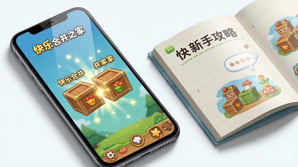 画面主体是一部智能手机屏幕,屏幕上显示快乐合并之家的游戏界面,画面中央有两个相同等级的木箱正在合并,周围有闪光特效,手机旁边放置着一本翻开的新手攻略手册,布局采用斜向俯视,排版将手机放在画面左侧,手册放在右侧,风格为清新教程类宣传图,细节包含手机边框、屏幕反光、手册纸张纹理和柔和阴影,画质高清,干净,无多余元素。图中需出现文字“快乐合并之家”。