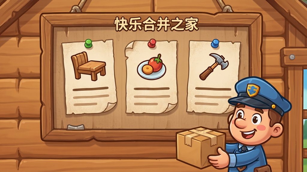 画面主体是一块悬挂在木屋墙上的任务告示板,板上钉着三张订单纸条,分别画有家具、食物和工具图标,旁边站着一位卡通邮差角色正在递送包裹,布局采用正面平视,排版将告示板放在画面中上部,角色位于右下角,风格为卡通任务界面,细节包含纸张纹理、图钉、木框和角色表情,画质高清,干净,无多余元素。图中需出现文字“快乐合并之家”。