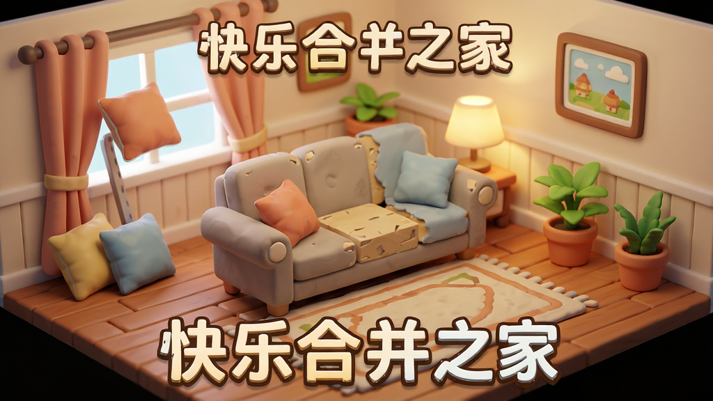 画面主体是一间正在装修的卡通风格客厅,中央放置一张半成品的沙发,周围散落着抱枕、地毯、盆栽等可合成物品,布局采用室内透视视角,排版将沙发放在画面中心,四周环绕待合并的家具组件,风格为温馨家居类游戏宣传图,细节包含木地板纹理、窗帘褶皱、墙面挂画和暖色调灯光,画质高清,干净,无多余元素。图中需出现文字“快乐合并之家”。