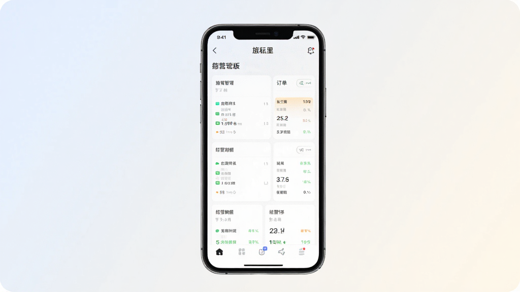 一张手机屏幕展示旌耘里商家版应用主界面的预览图,画面中央是手机正视图,屏幕内显示店铺管理后台的订单列表和经营数据卡片,背景为浅色渐变,整体风格简洁现代,排版干净,画质清晰,无多余元素