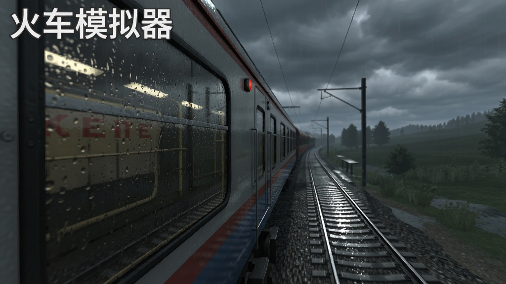 火车模拟器雨天驾驶场景截图,画面中火车在雨中行驶,雨滴打在车窗上,铁轨湿滑反光,天空阴沉,风格为3D写实,画质细腻,干净无多余元素,画面中带有文字
