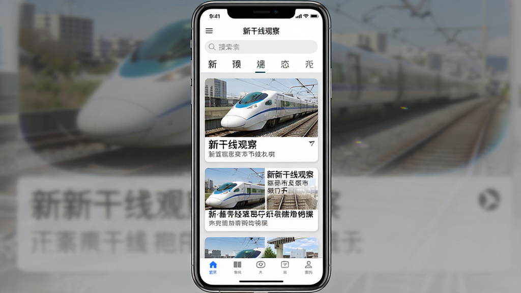 一张手机应用界面截图,画面中央显示“新干线观察”软件的主页,顶部有搜索栏和分类标签,中部是新闻卡片列表,包含铁路图片和标题文字,底部是导航栏,整体布局清晰,风格现代简洁,画质高清,干净无多余元素