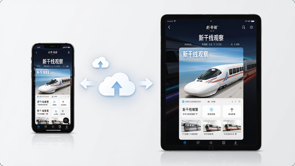 一张展示多设备同步的示意图,画面左侧是手机,右侧是平板,两台设备屏幕上都显示“新干线观察”的界面,中间有云朵和同步箭头图标,背景简洁,风格科技感,画质高清,干净无多余元素