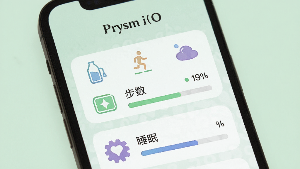 Prysm iO习惯打卡页面展示,手机屏幕内排列着饮水、步数、睡眠等打卡图标与进度条,背景为柔和浅绿色,风格清新,细节丰富,画质清晰,无多余装饰