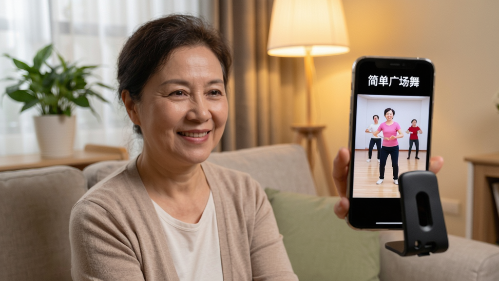 一位中老年女性用户正在客厅中使用手机观看