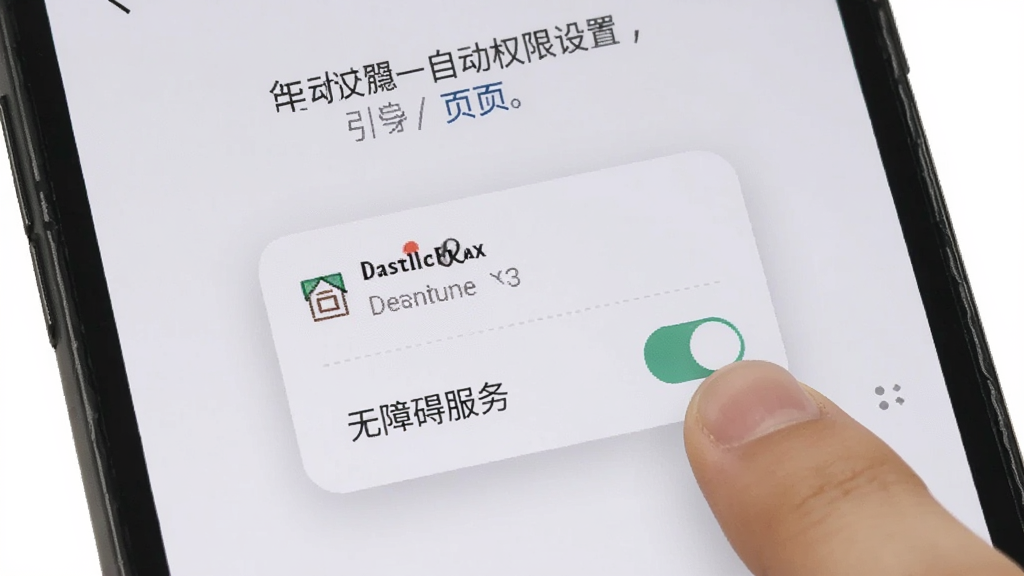 一张展示连点器自动权限设置引导页面的图片,画面中手机屏幕上显示悬浮窗权限和无障碍服务两个开关按钮,旁边有手指正在点击开启,背景为白色简洁风格,高清画质,干净无多余元素