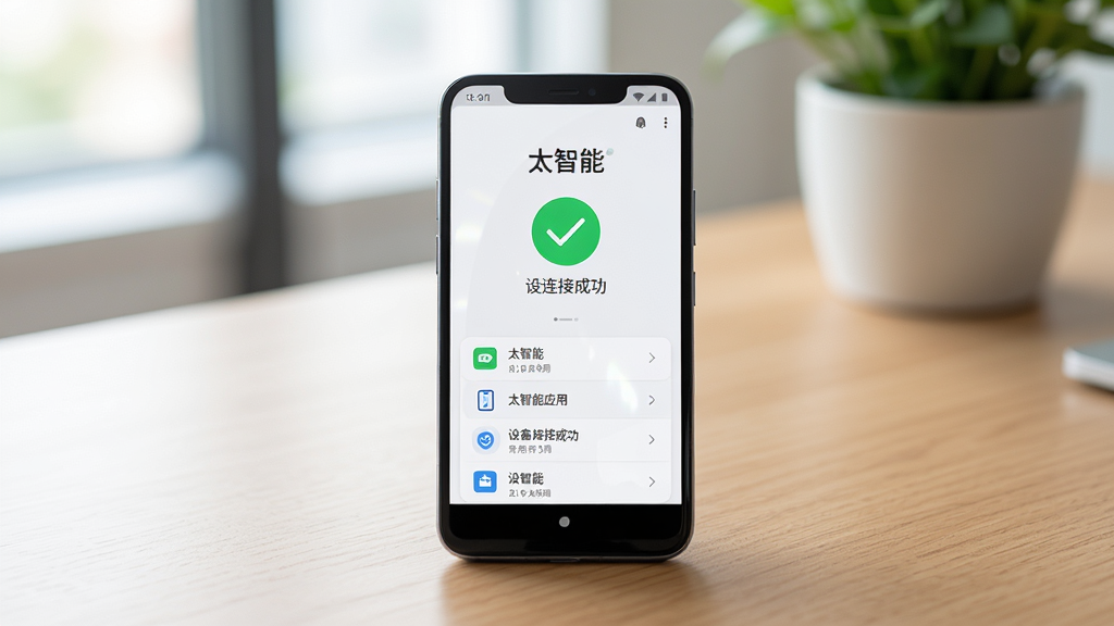 一部安卓手机放置在桌面上,屏幕显示太智能应用的设备连接成功界面,界面中有绿色对勾图标与设备列表,布局为居中展示,风格为清爽简约,细节包括手机屏幕的微光反射、桌面木纹质感、背景中有一盆绿植虚化,画质干净明亮,图片中文字显示“太智能”