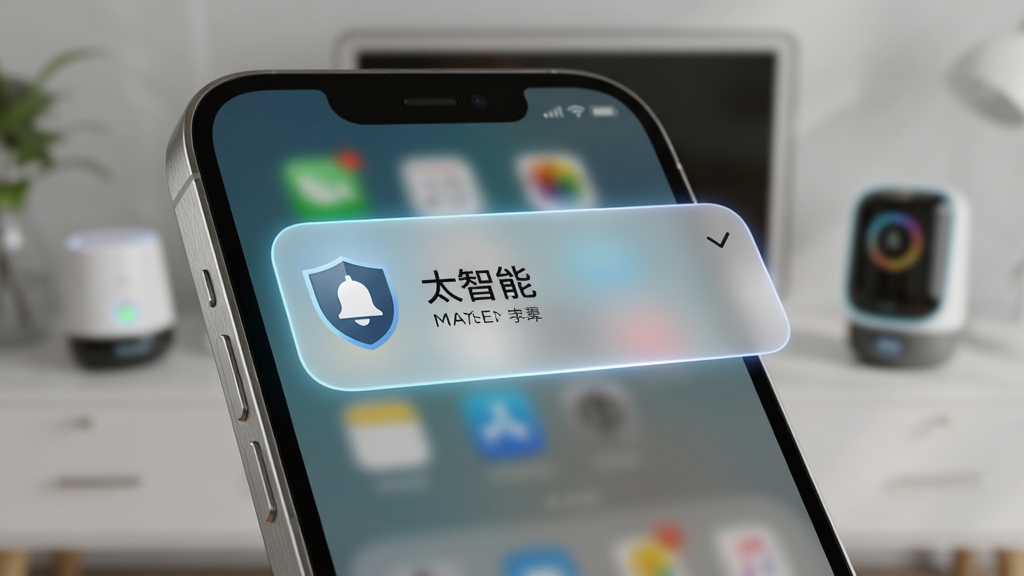 画面展示一部手机屏幕弹出通知卡片,卡片上带有盾牌与铃铛图标,背景为家居环境虚化,布局采用前后景层次,风格为写实科技风,细节包括通知卡片的微光边缘、手机边框的金属质感、背景中隐约可见的智能设备轮廓,画质细腻干净,图片中文字显示“太智能”