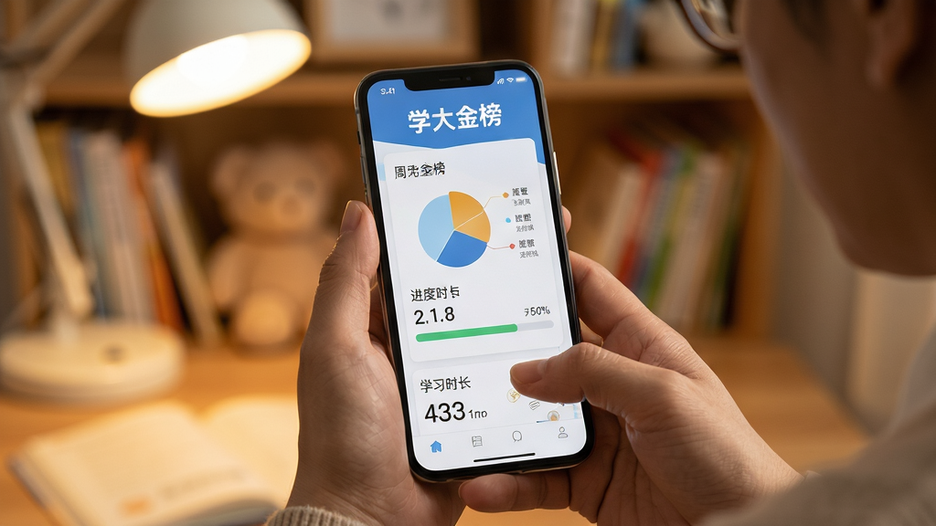 主体为家长使用手机查看学大金榜督学报告,布局为手机屏幕特写居中,背景为温馨家庭书房虚化,排版突出屏幕上的周报图表,风格为温暖写实风,细节包括家长的手、手机界面上的饼图与进度条、学习时长数字,画面中有“学大金榜”文字,画质为高清摄影风格,干净无多余元素