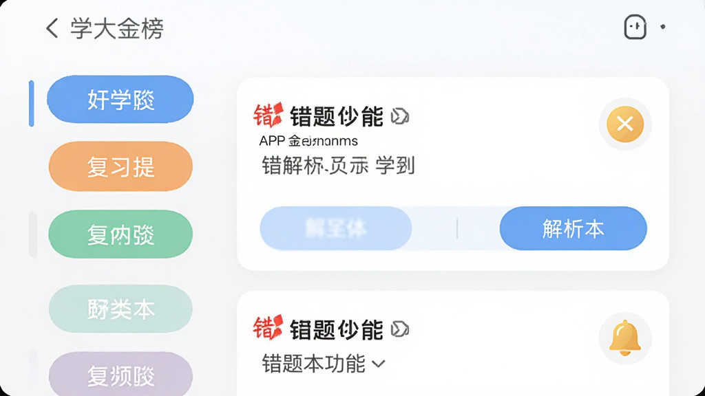 主体为学大金榜APP错题本功能界面,布局采用卡片式列表,左侧为学科分类标签,右侧为错题卡片与解析按钮,排版简洁,风格为清新学习工具风,细节包括红色错题标记、解析图标、复习提醒铃铛,画面中出现“学大金榜”文字,画质为高清UI展示图,干净清爽