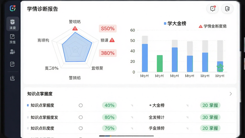 主体为学大金榜APP的学情诊断报告页面,布局采用上下结构,上方为雷达图与柱状图组合,下方为知识点掌握度列表,排版清晰对齐,风格为扁平化科技教育风,细节包括百分比数字、红色预警标记、绿色掌握标记,画面中带有“学大金榜”文字,画质为高清UI截图风格,干净无杂乱元素