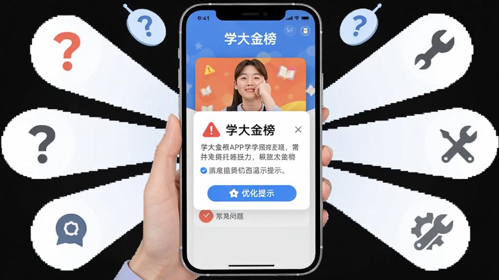 主体为一位学生手持手机面对学大金榜APP的常见问题提示弹窗,布局为手机界面居中放大,四周环绕问号与工具图标,排版呈放射状,风格为扁平化信息图风,细节包括红色警告标志、蓝色优化提示、灰色温馨提示文字,画面中有“学大金榜”文字,画质为高清UI示意图,干净无多余元素