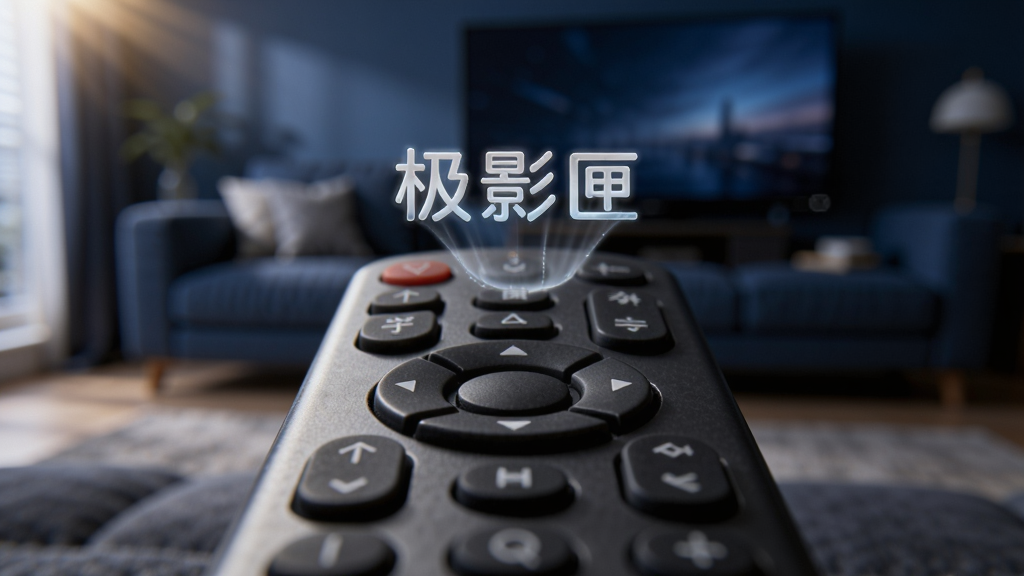 画面展示一个电视遥控器的特写,遥控器按键上方悬浮显示“极影匣”文字标识,背景为深蓝色客厅环境虚化处理,遥控器表面按键清晰可见,光线从左上角打入,风格写实产品摄影,细节丰富,画质高清,无多余元素