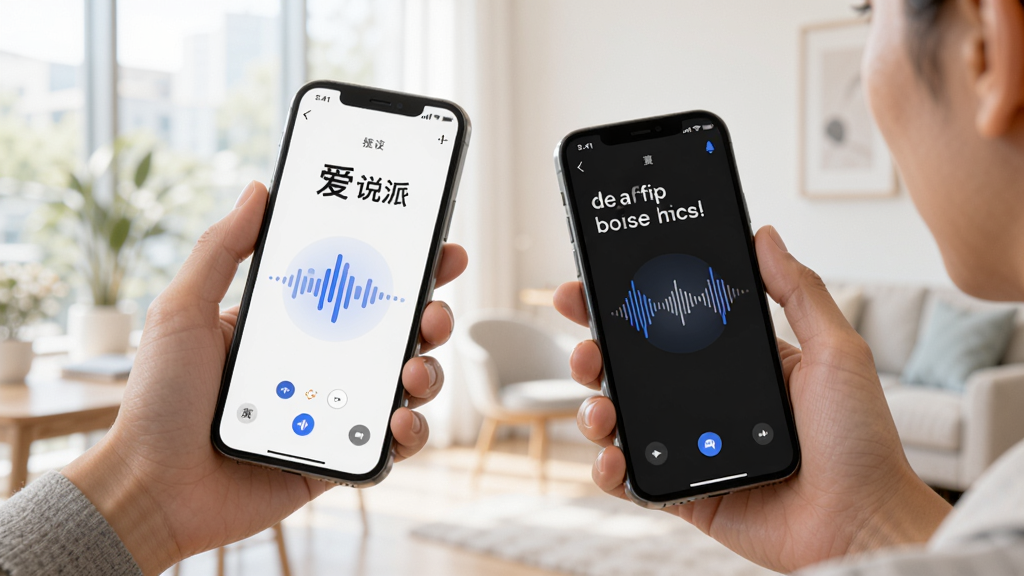 一张展示爱说派实时语音翻译功能的预览图,画面主体是两个人拿着手机面对面交流,手机屏幕显示爱说派的翻译界面,左边中文右边英文,中间有动态声波图标,背景为明亮的室内环境,风格写实,细节丰富,画质清晰,无多余元素