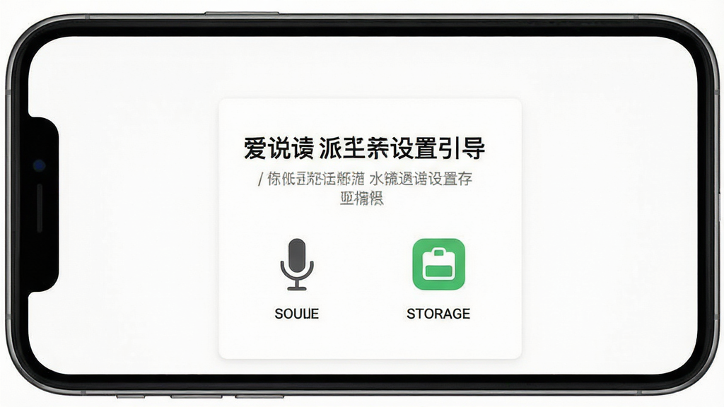 一张展示爱说派新手设置引导界面的预览图,手机屏幕显示权限开启提示,有麦克风图标和存储图标,背景为白色,风格简洁,细节清晰,画质干净,无多余元素