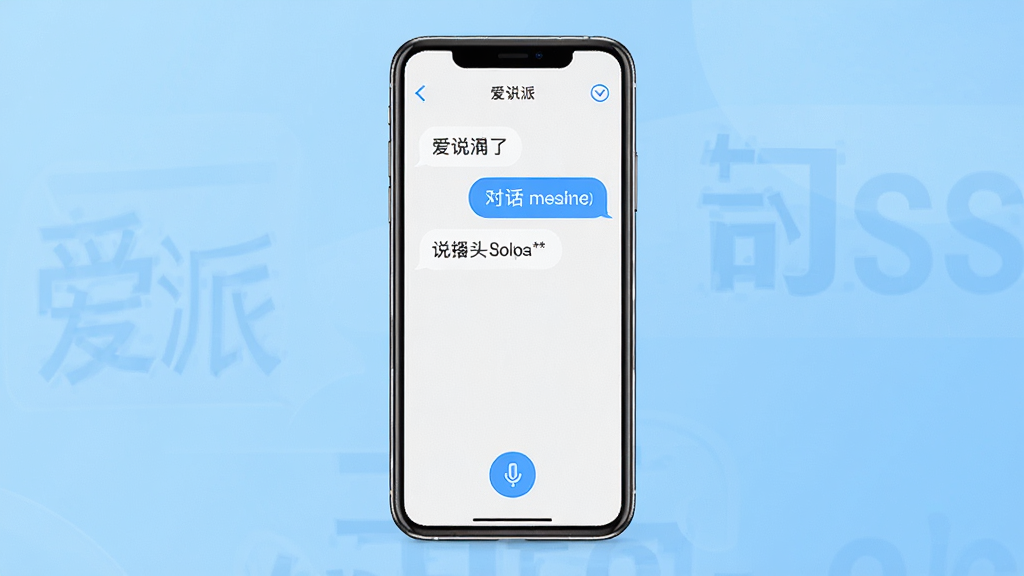一张展示爱说派软件主界面的预览图,画面中央是手机屏幕,屏幕内显示爱说派应用的对话翻译界面,上方有中文和英文的对话气泡,下方有麦克风按钮,背景为简洁的浅蓝色渐变,风格现代科技感,细节清晰,画质干净,无多余元素