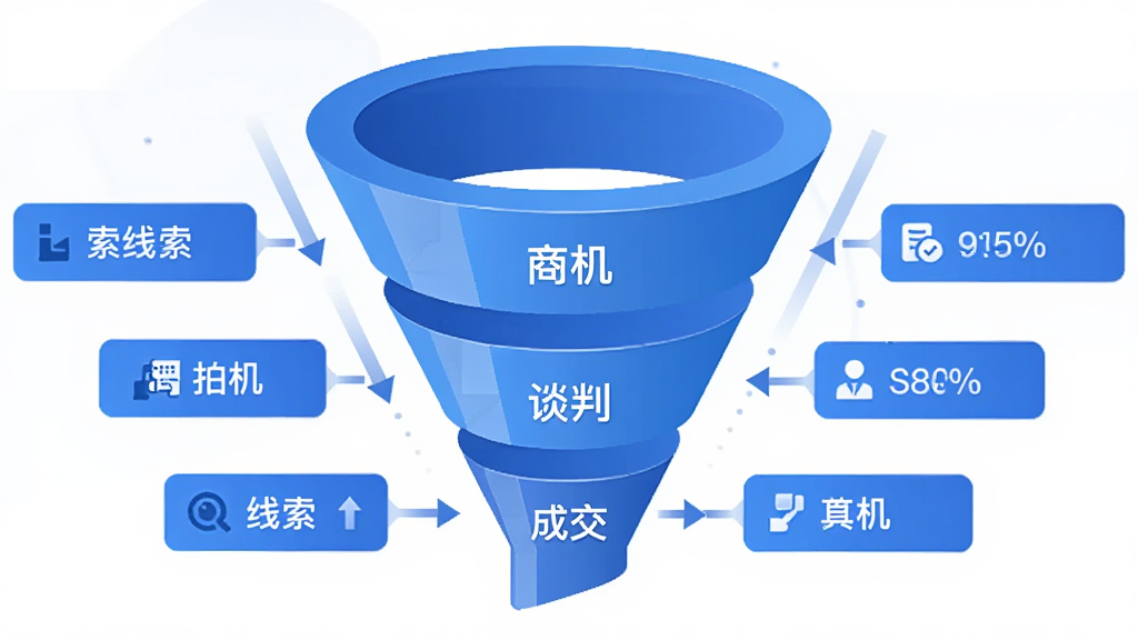 销售易CRM销售漏斗示意图,画面以三维立体漏斗图形为主体,漏斗各层标注线索、商机、谈判、成交等阶段,周围环绕数据标签与箭头,布局为纵向展开,排版层次分明,风格为扁平化商务插画,细节包括蓝色渐变、白色文字标签、简洁图标点缀,画质高清,干净,无多余元素