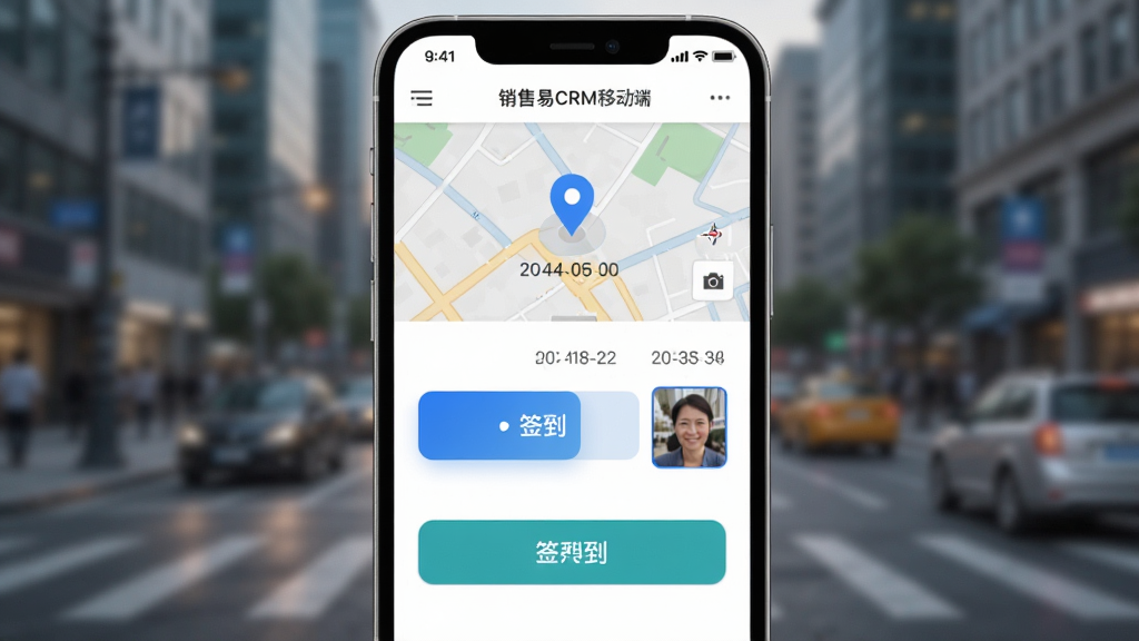 销售易CRM移动端签到界面,画面为手机屏幕特写,屏幕内显示地图定位与签到按钮,背景为城市街景虚化,布局为竖向构图,排版突出签到按钮,风格为写实UI风格,细节包括蓝色定位图标、时间戳、拍照缩略图,画质高清,干净,无多余元素